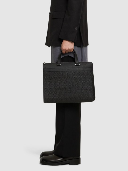 Ferragamo: Logo embossed leather briefcase - Black - men_1 | Luisa Via Roma