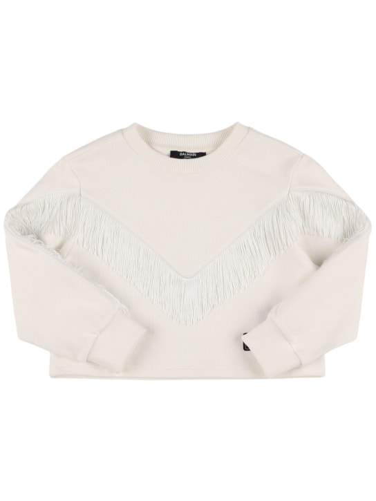 Balmain: Cropped cotton sweatshirt w/ fringe - White - kids-girls_0 | Luisa Via Roma