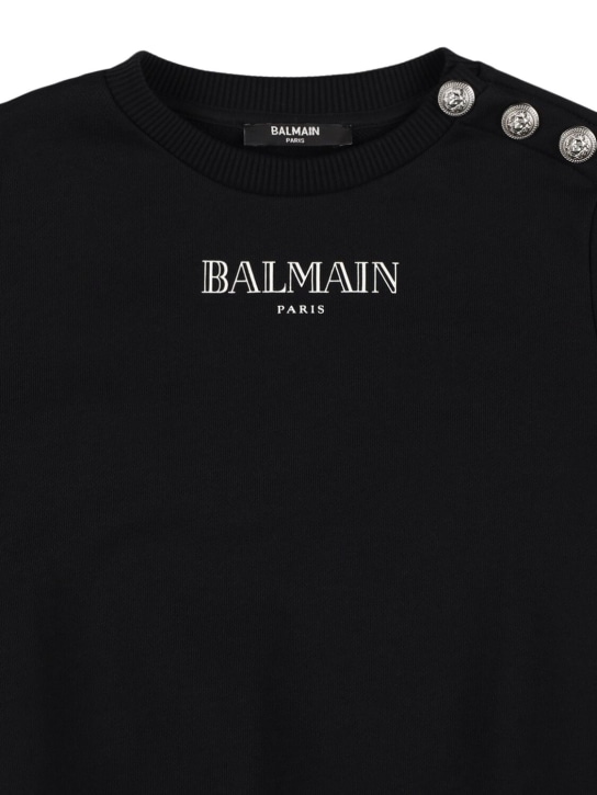 Balmain: Sweat-shirt en coton à imprimé logo - Noir/Blanc - kids-boys_1 | Luisa Via Roma