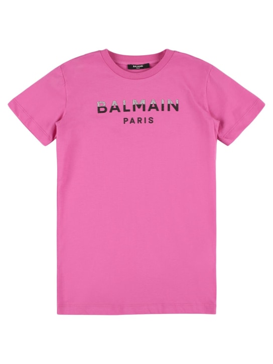 Balmain: Vestido camiseta de algodón jersey con logo - kids-girls_0 | Luisa Via Roma
