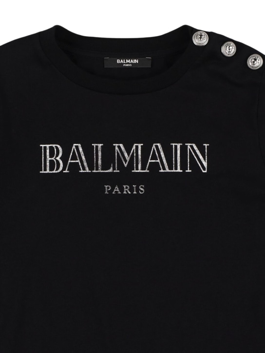 Balmain: Camiseta de jersey de algodón con logo - Negro - kids-girls_1 | Luisa Via Roma
