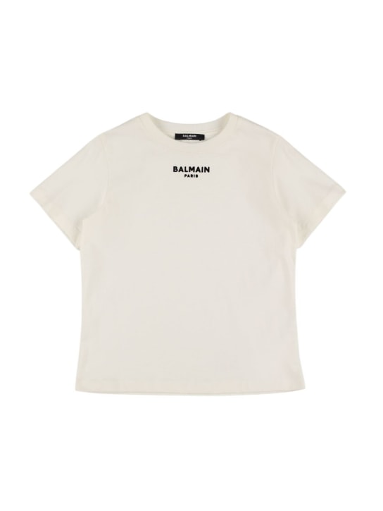 Balmain: T-shirt en jersey de coton à logo - Blanc/Noir - kids-girls_0 | Luisa Via Roma