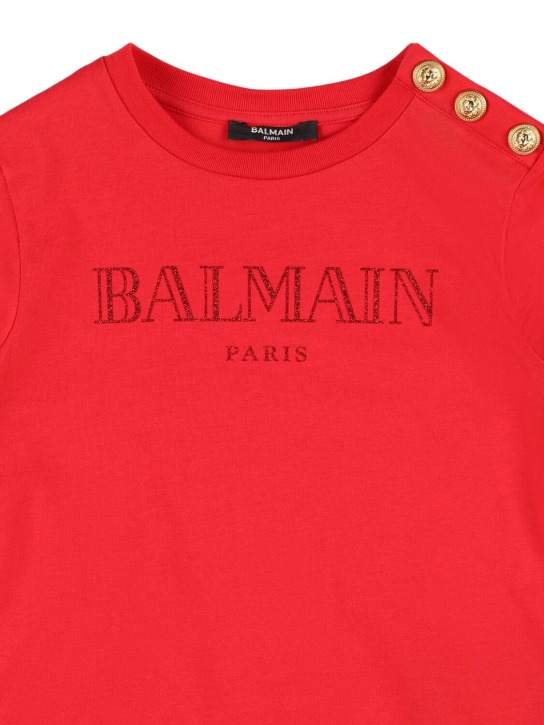 Balmain: Logo印花棉质平纹针织T恤 - 红色 - kids-girls_1 | Luisa Via Roma