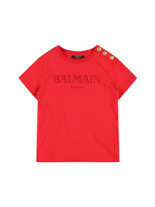 Balmain: Logo印花棉质平纹针织T恤 - 红色 - kids-girls_0 | Luisa Via Roma