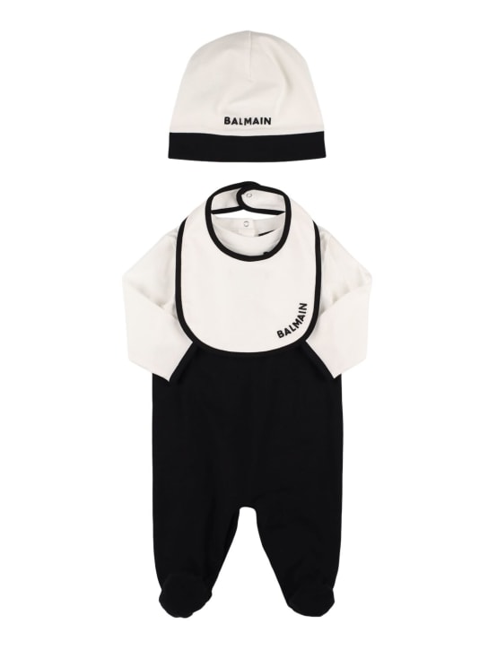 Balmain: Barboteuse, bonnet & bavoir en jersey de coton - Blanc/Noir - kids-girls_0 | Luisa Via Roma