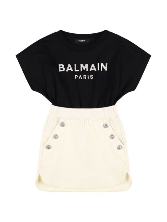 Balmain: Zweifarbiges Jerseykleid mit Logodruck - Schwarz/Weiß - kids-girls_0 | Luisa Via Roma