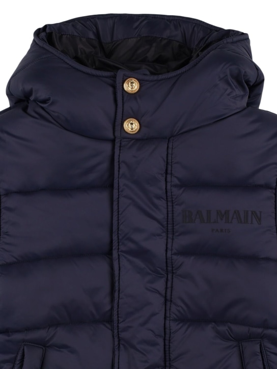 Balmain: Hooded poly puffer jacket - Blue/Black - kids-boys_1 | Luisa Via Roma