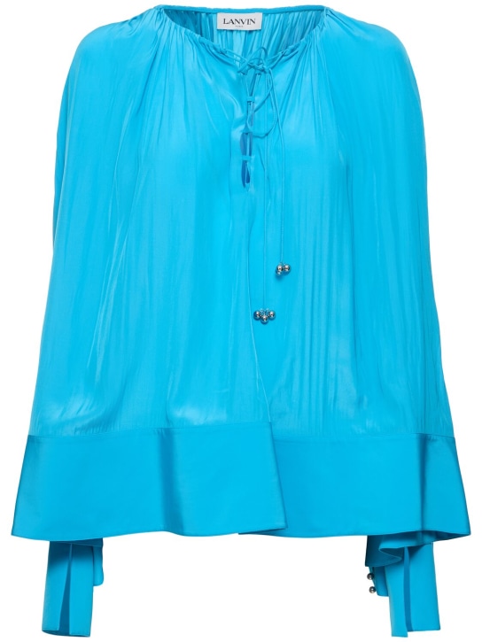 Lanvin: Flared satin long sleeve shirt - Blue - women_0 | Luisa Via Roma