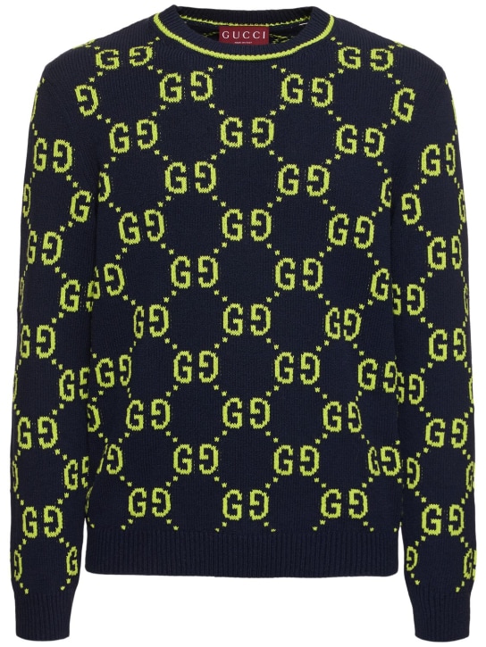 Gucci: GG allover cotton crewneck sweater - Blu Navy/Lime - men_0 | Luisa Via Roma