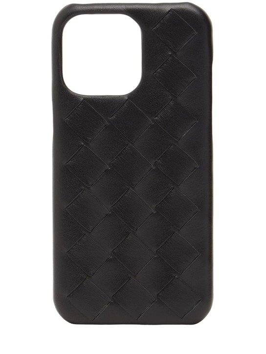 Bottega Veneta: 编织皮革iPhone 15 Pro保护套 - 黑色 - men_0 | Luisa Via Roma