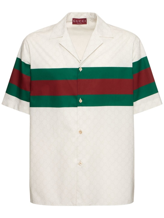 Gucci: Hemd aus Baumwolle mit Gewebe „Gucci 1921“ - Weiß/Grün/Rot - men_0 | Luisa Via Roma
