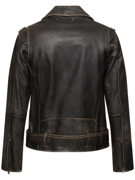 Golden Goose: Chiodo distressed bull leather jacket - Black - men_4 | Luisa Via Roma