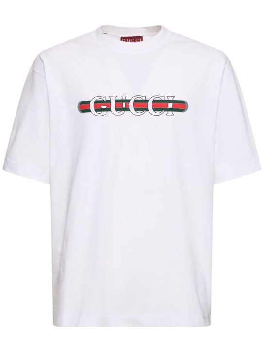 Gucci: T-shirt en coton épais détail logo - Blanc - men_0 | Luisa Via Roma