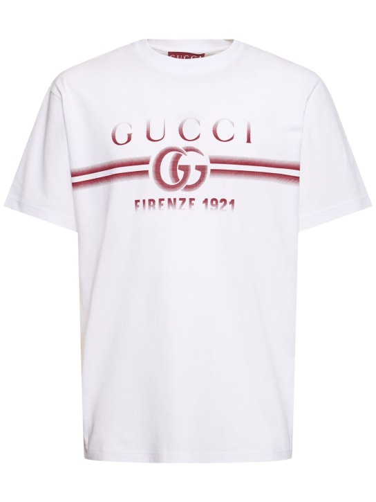 Gucci: Gucci印花棉质平纹针织T恤 - 白色/红色 - men_0 | Luisa Via Roma