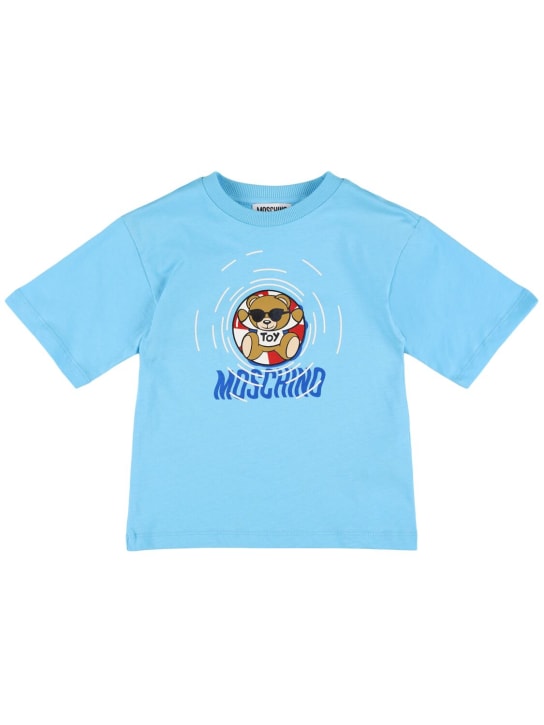Moschino: T-shirt long en jersey de coton imprimé - Bleu - kids-boys_0 | Luisa Via Roma