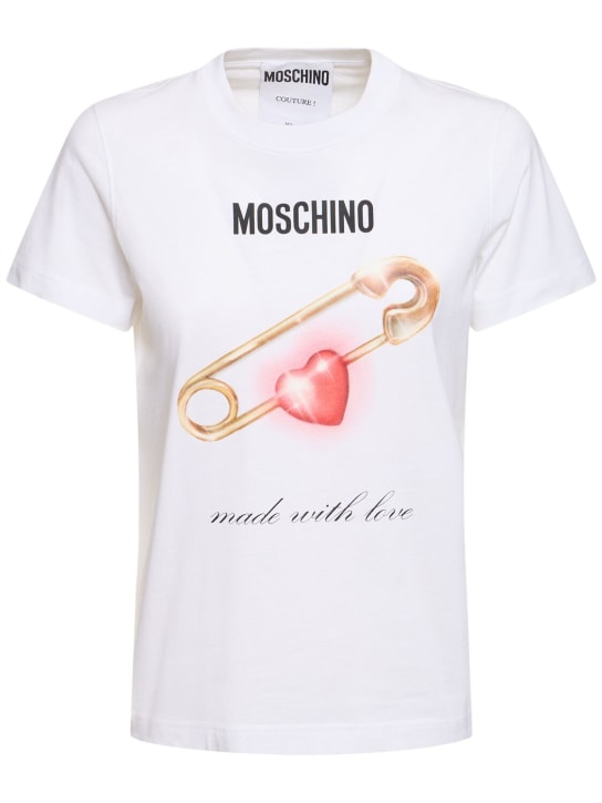 Moschino: T-shirt en jersey de coton imprimé - Blanc - women_0 | Luisa Via Roma