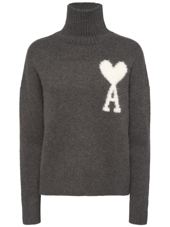 AMI Paris: Logo alpaca blend turtleneck sweater - Dark Grey - women_0 | Luisa Via Roma