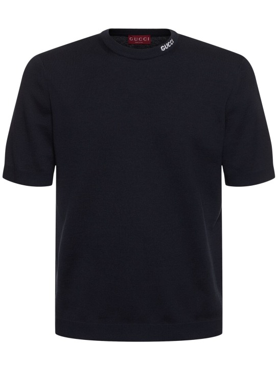 Gucci: Logo intarsia silk & cotton t-shirt - Lacivert - men_0 | Luisa Via Roma
