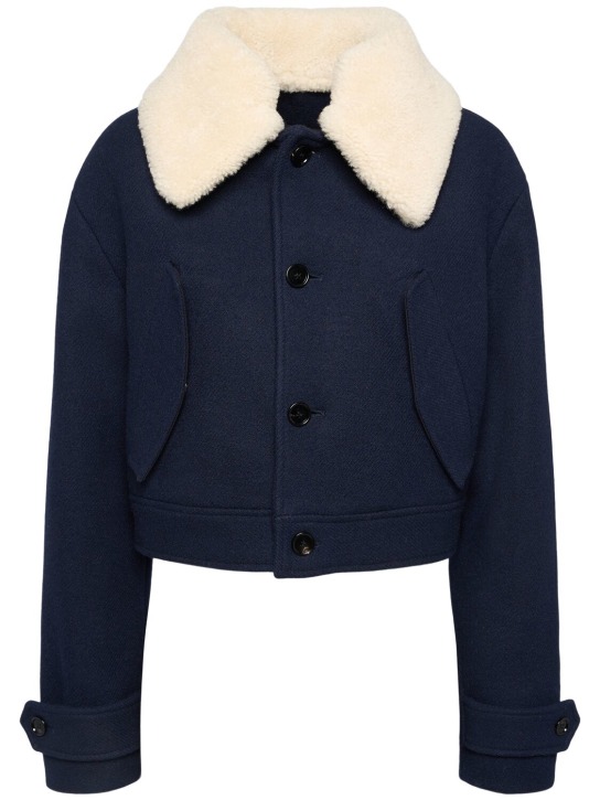 AMI Paris: Cotton blend jacket w/shearling collar - Navy - women_0 | Luisa Via Roma