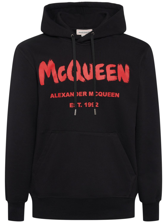 Alexander McQueen: 涂鸦印花棉质连帽卫衣 - 黑色/红色 - men_0 | Luisa Via Roma