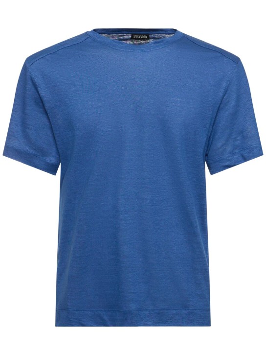 Zegna: 纯亚麻平纹针织T恤 - 蓝色 - men_0 | Luisa Via Roma