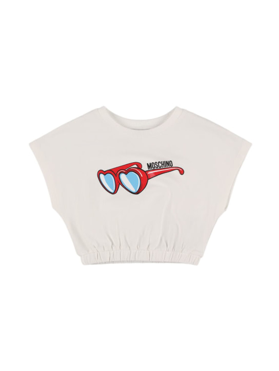 Moschino: 棉质珠地网眼布短款T恤 - 白色 - kids-girls_0 | Luisa Via Roma