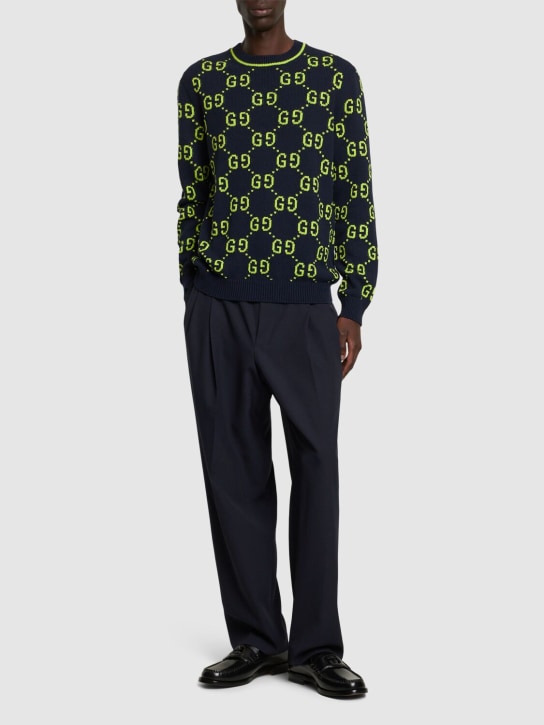 Gucci: GG allover cotton crewneck sweater - Navy/Lime - men_1 | Luisa Via Roma