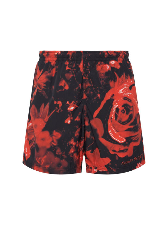 Alexander McQueen: Wax floral print nylon swim shorts - Black/Red - men_0 | Luisa Via Roma