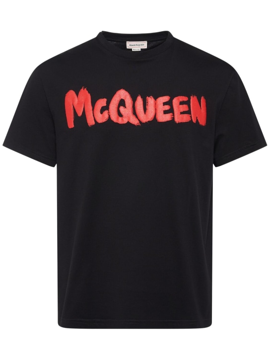 Alexander McQueen: Graffiti コットンTシャツ - ブラック/レッド - men_0 | Luisa Via Roma