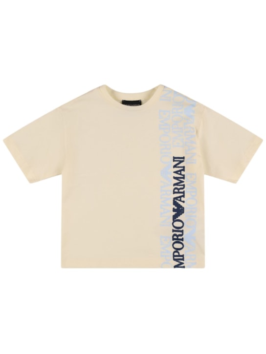 Emporio Armani: Logo印花棉质平纹针织T恤 - 米黄色 - kids-boys_0 | Luisa Via Roma