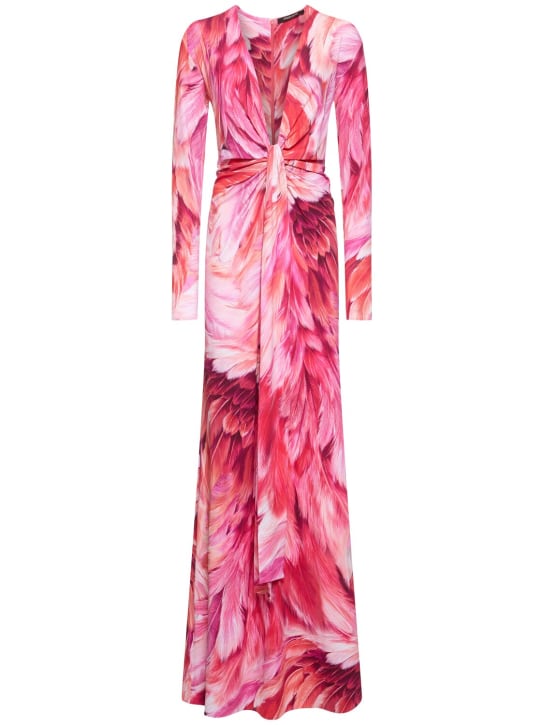 Roberto Cavalli: Robe longue en lycra imprimé avec nœud - Multi Rose - women_0 | Luisa Via Roma