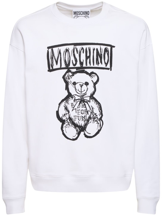 Moschino: Teddy print cotton crewneck sweatshirt - men_0 | Luisa Via Roma