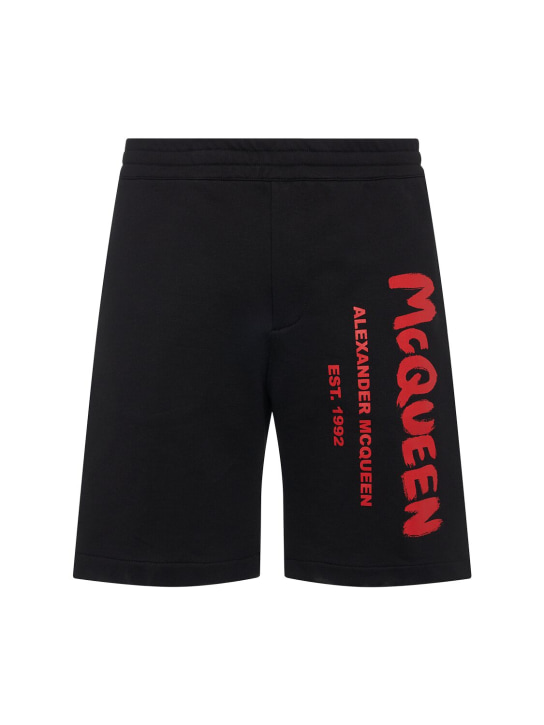 Alexander McQueen: 涂鸦印花棉质短裤 - 黑色/红色 - men_0 | Luisa Via Roma