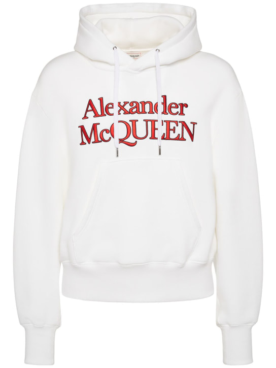 Alexander McQueen: Sweat-shirt en coton à capuche Kimono - Blanc Optique - men_0 | Luisa Via Roma