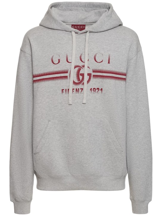 Gucci: Logo棉质平纹针织连帽卫衣 - 灰色 - men_0 | Luisa Via Roma