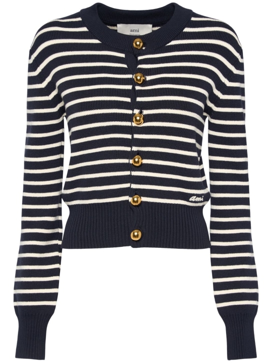 AMI Paris: Cardigan en coton et laine Sailor - Blanc/Bleu - women_0 | Luisa Via Roma