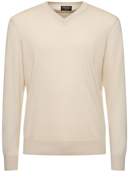 Zegna: Cashmere & silk v neck sweater - Light Beige - men_0 | Luisa Via Roma