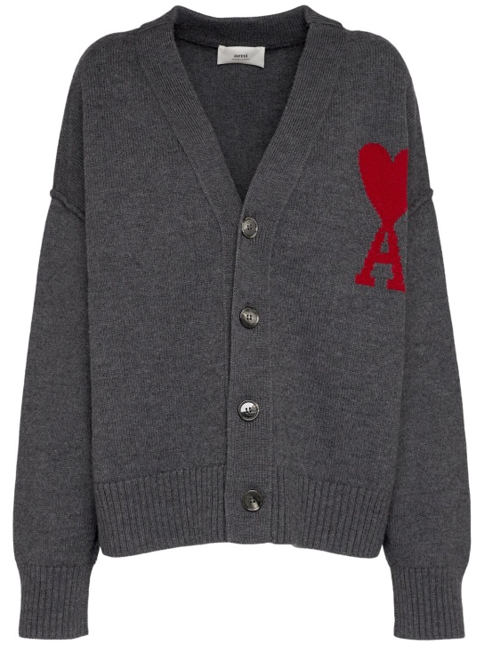 AMI Paris: Cardigan oversize in lana con logo - Grigio/Rosso - women_0 | Luisa Via Roma