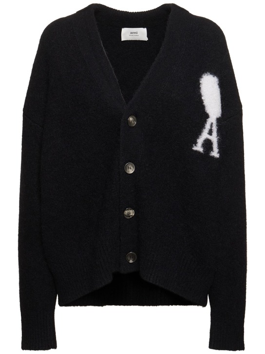 AMI Paris: ADC hairy alpaca blend knit cardigan - Black/White - women_0 | Luisa Via Roma