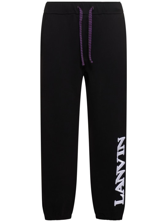 Lanvin: Pantaloni in felpa con ricamo logo - Nero - men_0 | Luisa Via Roma