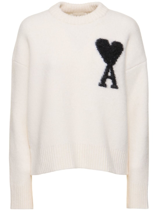 AMI Paris: ADC hairy alpaca blend knit crew sweater - Beyaz/Siyah - women_0 | Luisa Via Roma