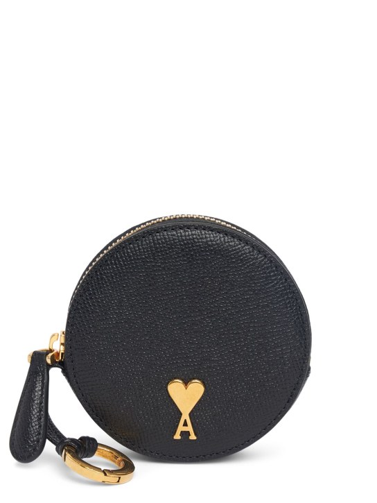 AMI Paris: Paris Paris leather round coin purse - Black/Vibrated - men_0 | Luisa Via Roma