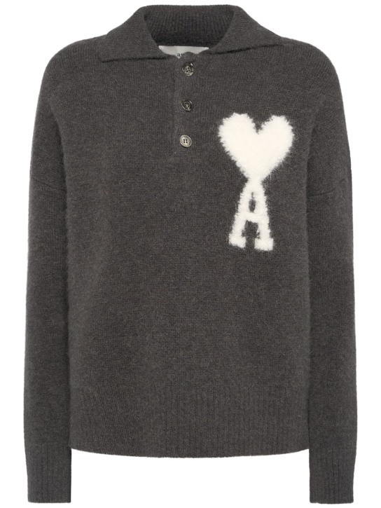 AMI Paris: Polosweater aus Alpakamischstrick mit Logo - Grau - women_0 | Luisa Via Roma