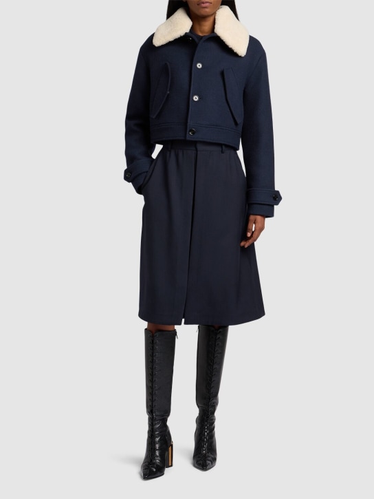 AMI Paris: Cotton blend jacket w/shearling collar - Navy - women_1 | Luisa Via Roma