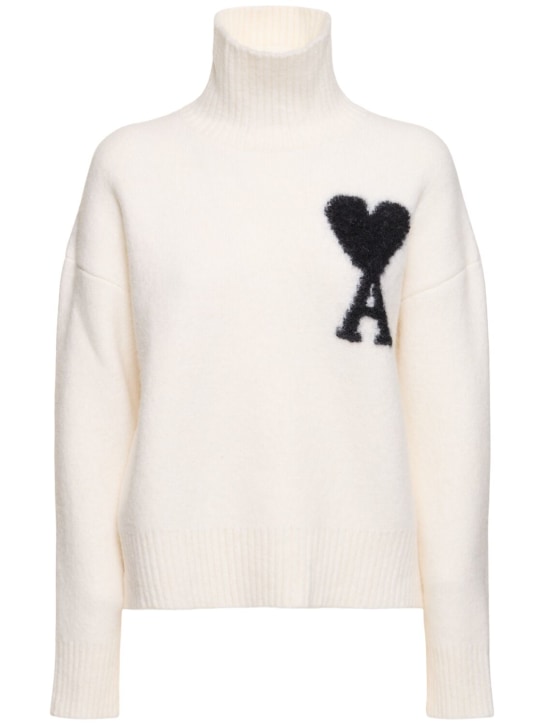 AMI Paris: ADC hairy alpaca blend knit sweater - Beyaz/Siyah - women_0 | Luisa Via Roma