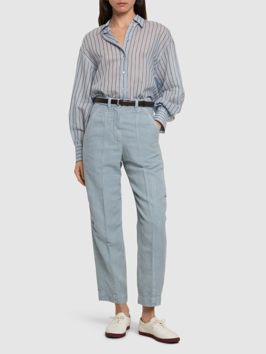 Brunello Cucinelli: Pantalones anchos de algodón y lino - Azul Claro - women_1 | Luisa Via Roma