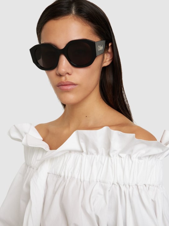 Chloé: Oversized logo round acetate sunglasses - Siyah/Gri - women_1 | Luisa Via Roma