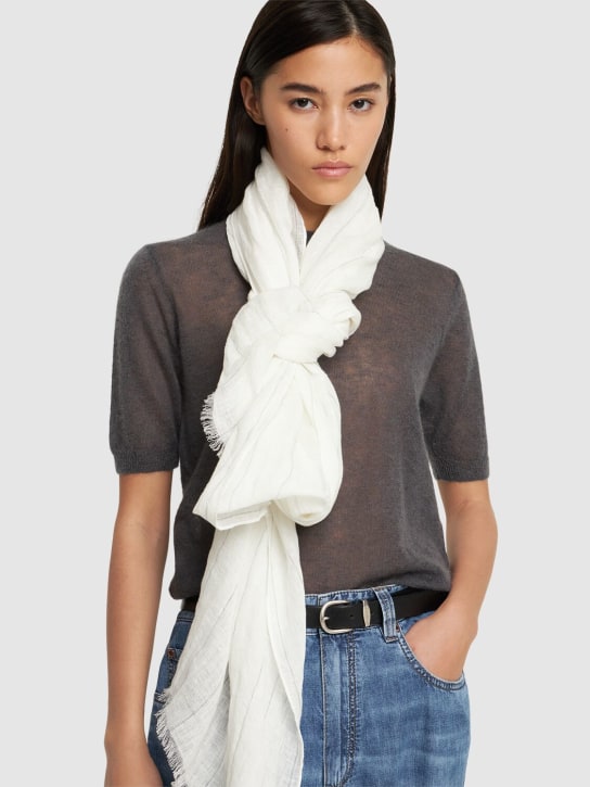 Brunello Cucinelli: Striped linen scarf - Beyaz - women_1 | Luisa Via Roma