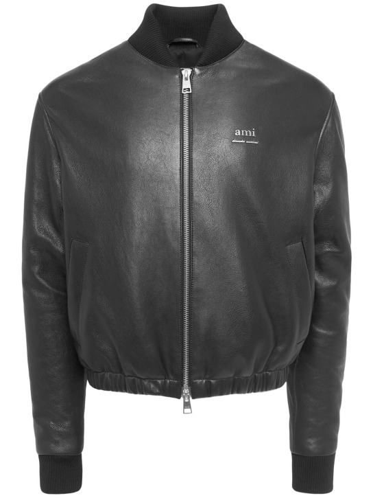 AMI Paris: Smooth leather logo bomber jacket - Black - men_0 | Luisa Via Roma