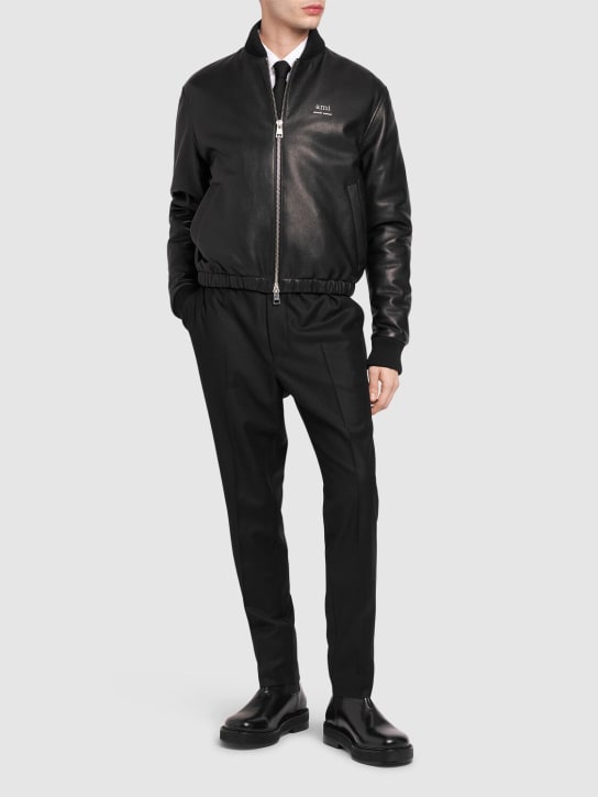 AMI Paris: Smooth leather logo bomber jacket - Black - men_1 | Luisa Via Roma